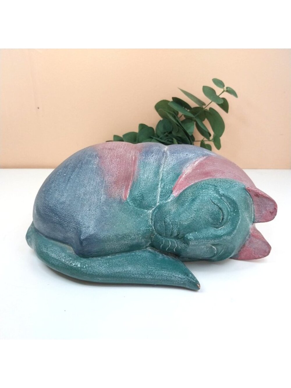 Hand-Carved Sleeping Cat Doorstop Teal & Pink Wood Sculpture Indonesia